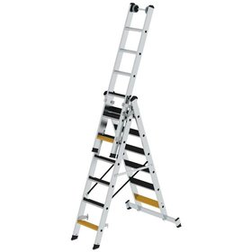 MUNK Günzburger Steigtechnik - Stufen-Mehrzweckleiter 3-teilig mit nivello®-Traverse und clip-step R13 3x6 Stufen