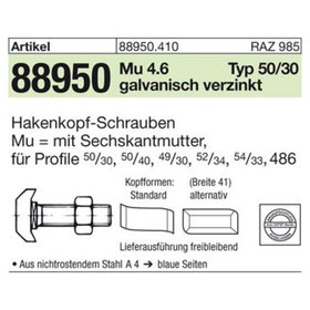 Halfenschrauben 88950 Typ 50/30 4.6 M16 x 60 galv. Verzinkt gal Zn S