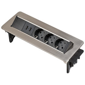brennenstuhl® - Indesk Power USB-Charger Tischsteckdosenleiste / Versenkbare Steckdose 3-fach (2 USB Ladebuchsen, 2m Kabel) silber/schwarz