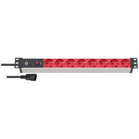 brennenstuhl® - Alu-Line 19" Steckdosenleiste für Schaltschränke mit 10A Sicherungsautomat und Kaltgerätestecker IEC C14 8-fach silber/rot 2m H05VV-F 3G1,0