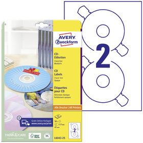 AVERY™ Zweckform - L6043-25 CD-Etiketten ClassicSize, A4, Ø 117 mm, 25 Bogen/50 Etiketten, weiß