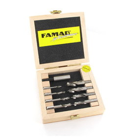FAMAG® - Holzspiralbohrer-Bitsatz kurz 9-teilig Ø 3, 4 ,5 ,6 ,7 ,8 ,9 ,10mm u. Bithalter. Im Holzkasten.