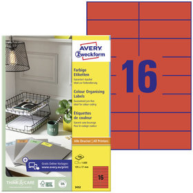 AVERY™ Zweckform - 3452 Farbige Etiketten, A4, 105 x 37 mm, 100 Bogen/1.600 Etiketten, rot