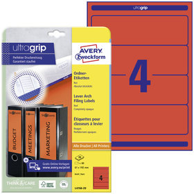 AVERY™ Zweckform - L4766-20 Ordner-Etiketten, A4 mit ultragrip, 61 x 192mm, 20 Bogen/80 Etiketten, rot