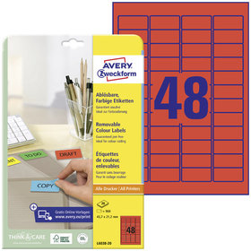 AVERY™ Zweckform - L6038-20 Farbige Etiketten, ablösbar, A4, 45,7 x 21,2mm, 20 Bogen/960 Etiketten, rot