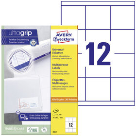 AVERY™ Zweckform - 3661 Universal-Etiketten, A4 mit ultragrip, Adressaufkleber, 70 x 67,7mm, 100 Bogen/1.200 Etiketten, weiß