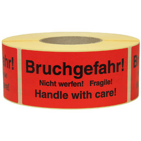 Warn- und Hinweisetiketten 145x70mm, aus Papier rot, mit Aufdruck "Bruchgefahr Nicht werfen! Fragile! Handle"