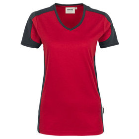 HAKRO - Damen V-Shirt Contrast Mikralinar® 190, rot/anthrazit, Größe L