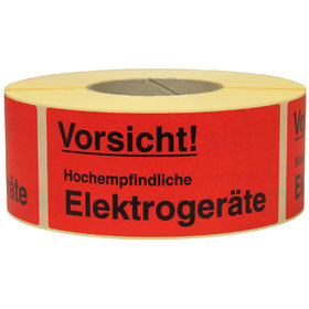 Warn- und Hinweisetiketten 145x70mm, aus Papier rot, mit Aufdruck "Vorsicht! Hochempfindliche Elektroge."