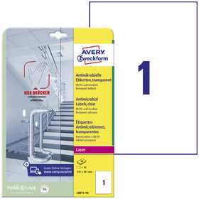 AVERY™ Zweckform - L8011-10 Antimikrobielle Etiketten transparent, 210 x 297mm, 10 Bogen/10 Etiketten, transparent