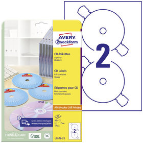 AVERY™ Zweckform - L7676-25 CD-Etiketten SuperSize, A4, Ø 117 mm, 25 Bogen/50 Etiketten, weiß