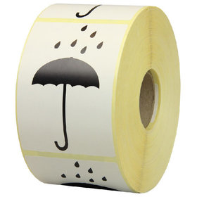 Warn- und Hinweisetiketten 75x105mm, aus Papier weiß, mit Symbol Vor Nässe schützen (Schirm)