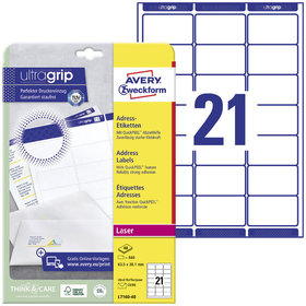AVERY™ Zweckform - L7160-40 Adress-Etiketten, A4 mit ultragrip, 63,5 x 38,1mm, 40 Bogen/840 Etiketten, weiß