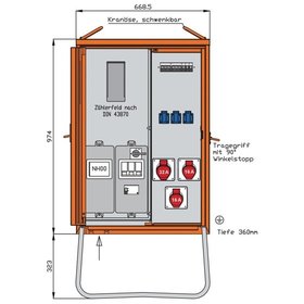 Walther - Baustromverteiler 22kVA 2CEE16A 1CEE32A 3Steckd 1zähl NH00 FI-Schalt IP44