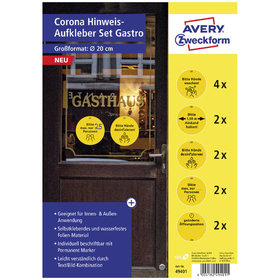 AVERY™ Zweckform - 49401 Corona Schilder Set Gastronomie, A4, Ø 200mm, 12 Bogen/12 Etiketten, gelb, schwarz