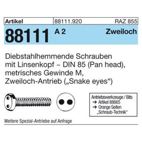 Schraube R 88111 diebstahlhemmend DIN 85, A2, M4 x 6 Zweiloch-Linsenkopf
