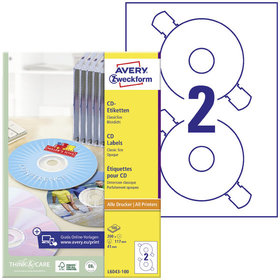 AVERY™ Zweckform - L6043-100 CD-Etiketten ClassicSize, A4, Ø 117 mm, 100 Bogen/200 Etiketten, weiß