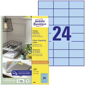 AVERY™ Zweckform - 3449 Farbige Etiketten, A4, 70 x 37 mm, 100 Bogen/2.400 Etiketten, blau