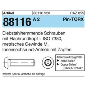 Sicherheitsschraube, Linsenkopf ISO 7980 ART 88116, M3 x 16 mit Pin-TORX® T10
