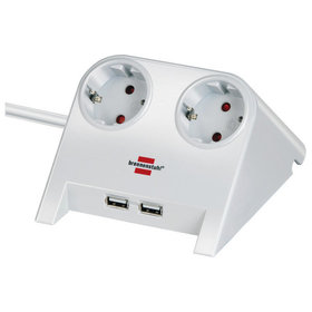 brennenstuhl® - Desktop-Power, Steckdosenleiste 2-fach (Tischsteckdose mit 1,8m Kabel, Gummifüße, 2-fach USB) weiß poliert