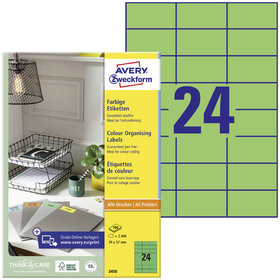 AVERY™ Zweckform - 3450 Farbige Etiketten, A4, 70 x 37 mm, 100 Bogen/2.400 Etiketten, grün