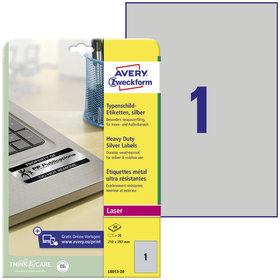 AVERY™ Zweckform - L6013-20 Typenschild-Etiketten, 210 x 297 mm, 20 Bogen/20 Etiketten, silber