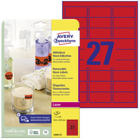 AVERY™ Zweckform - L6003-25 Etiketten in Sonderfarben, A4, 63,5 x 29,6mm, 25 Bogen/675 Etiketten, neonrot