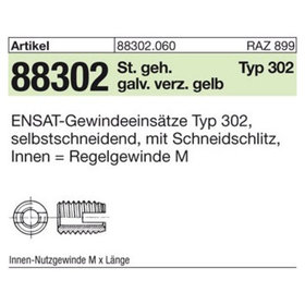ENSAT-Gewindeeinsätze ART 88302 Stahl gehärtet M 20 gal ZnC, Typ 302 gal ZnC S
