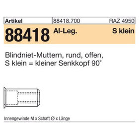 Blindniet-Muttern ART 88481 Alu-Leg. Senkkopf klein M8 / 0,5 - 3,5 S