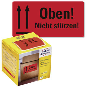 AVERY™ Zweckform - 7214 Warn-Etiketten, Aufdruck "Oben! Nicht stürzen!" im Kartonspender, 100 x 50mm, 1 Rolle/200 Etiketten, neonrot