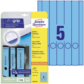 AVERY™ Zweckform - L4749-20 Ordner-Etiketten, A4 mit ultragrip, 38 x 297mm, 20 Bogen/100 Etiketten, blau