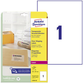 AVERY™ Zweckform - L7567-25 Versand-Etiketten, A4, 210 x 297 mm, 25 Bogen/25 Etiketten, transparent