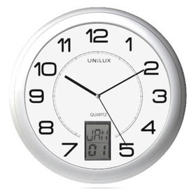 Unilux - Wanduhr, 30,5cm, rund, silber, 100340853, digitale Angabe von Datum / Wochentag