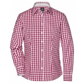 James & Nicholson - Langarm Karobluse Easy Care JN616, bordeaux-rot/weiß, Größe XL