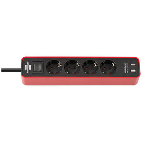 brennenstuhl® - Ecolor Steckdosenleiste 4-fach mit USB-Ladebuchse (2x USB Charger, Schalter und 1,5m Kabel) rot/schwarz