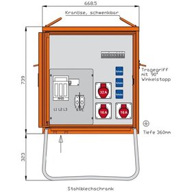 Walther - Baustromverteiler 22kVA 2CEE16A 1CEE32A 3Steckd NH00 FI-Schalt IP44 Verteiler