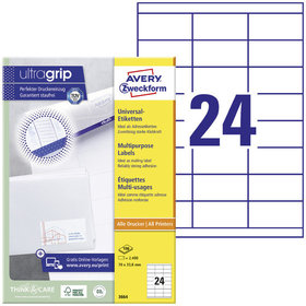 AVERY™ Zweckform - 3664 Universal-Etiketten, A4 mit ultragrip, Adressaufkleber, 70 x 33,8mm, 100 Bogen/2.400 Etiketten, weiß