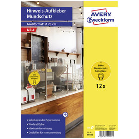 AVERY™ Zweckform - 49404 Selbstklebende Schilder „Bitte Mundschutz benutzen“, A4, Ø 200mm, 12 Bogen/12 Etiketten, gelb, schwarz