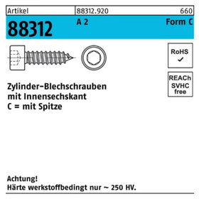 Zylinderblechschraube ART 88312 A 2 5,5 x 19 -C, Kopf DIN 912 A 2 S